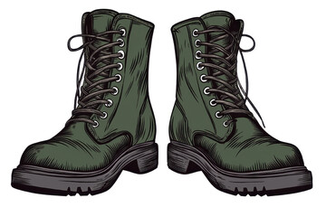 Stylish green combat boots, white isolate background