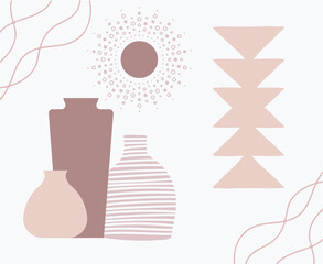 Minimalist Greek vase with boho shapes  in pink and chocolate colours with a white backgrouund