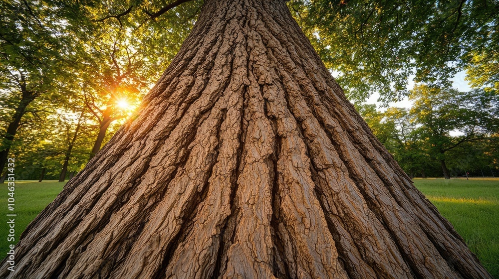 Poster close-up view of a tree trunk with textured bark and sunlight filtering through leaves.