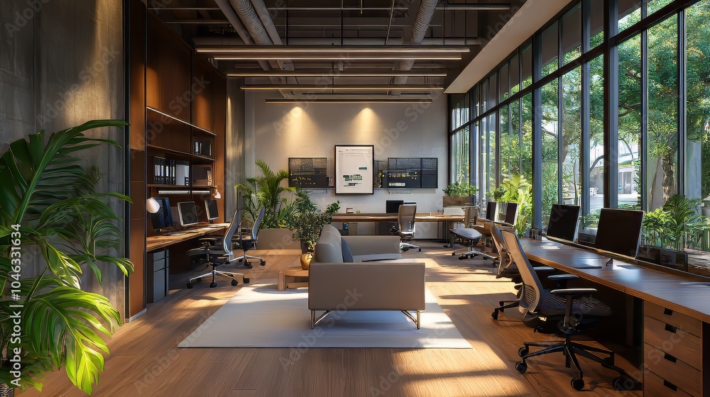 Poster modern office with collaborative spaces and productivity tools, fostering efficient work techniques.