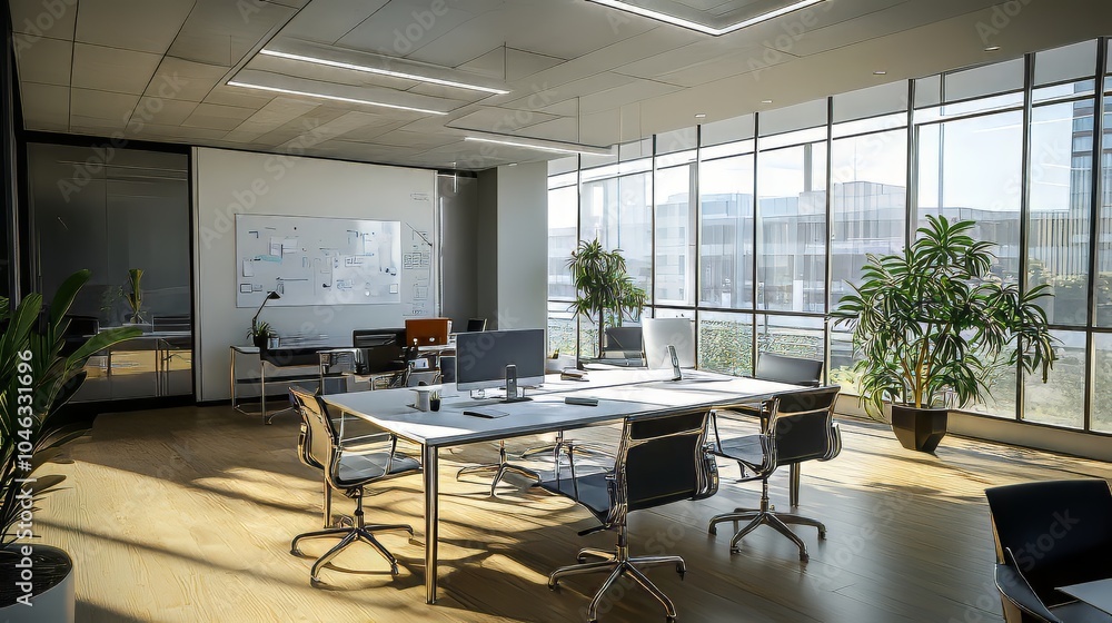 Poster modern office with collaborative spaces and productivity tools, fostering efficient work techniques.