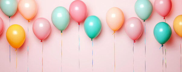 Design creative concept birthday, party for girl celebration bright color style balloons, kids style Multicolored birthday background decorated with balloons