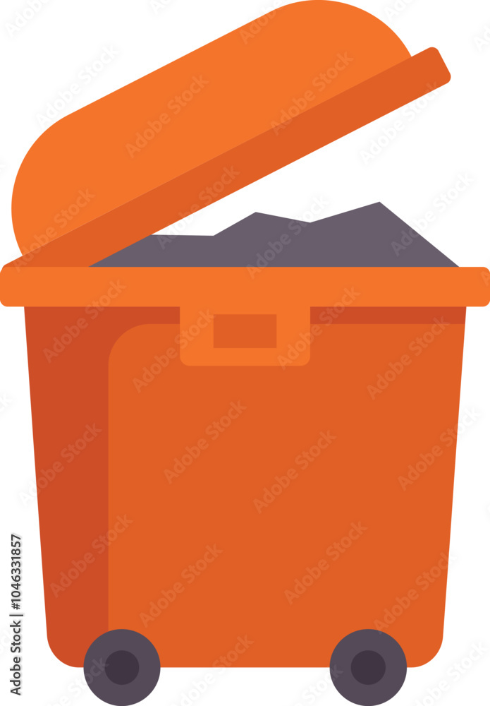 Poster orange wheelie bin on wheels with the lid open and filled with garbage is depicted in a flat design 