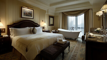 A luxurious hotel room with a king sized bed