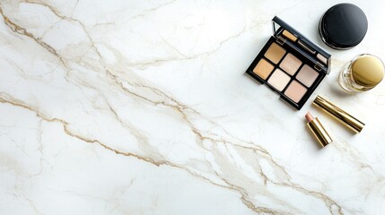 A serene online shopping experience with elegant makeup essentials on a luxurious marble background