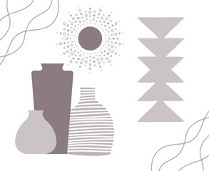 Minimalist Greek vase with boho shapes in shades of grey with a white background
