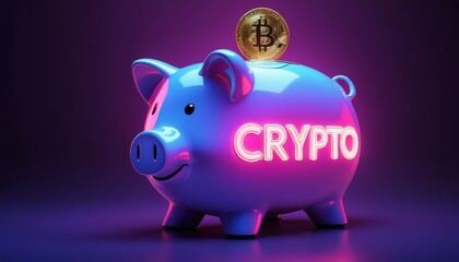 Obraz premium Pink piggy bank with 'Crypto' sign in neon lights, representing cryptocurrency savings, set against a futuristic digital background
