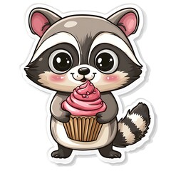 Fototapeta premium Cute Kawaii Raccoon with Cupcake Sticker Design