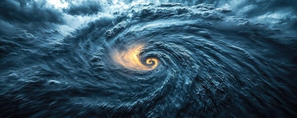 A powerful swirling hurricane over turbulent waters with dramatic clouds.