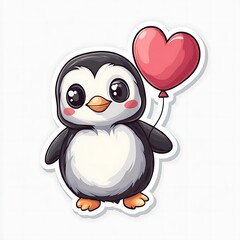 Obraz premium Kawaii Penguin Sticker with Heart Balloon