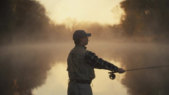Young fly fisherman casting on a foggy river at sunrise