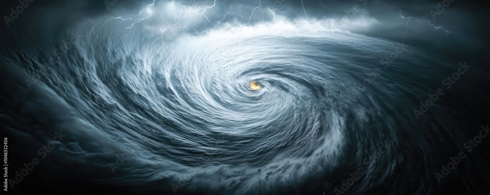 Poster a powerful hurricane swirling over the ocean, creating dynamic cloud patterns.