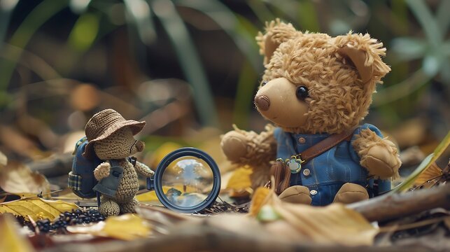 A stuffed animal and a toy figurine going on a treasure hunt