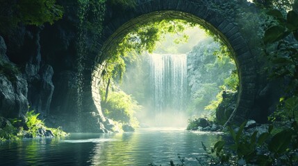 A large stone archway with a waterfall in the middle. The waterfall is surrounded by lush green plants