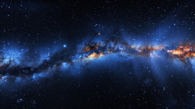 This image captures a stunning view of the universe, filled with vibrant blue cosmic clouds and countless stars, representing the vastness of space.
