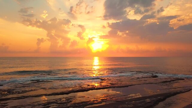 Aerial View of Sunset at Koru Beach in Gazipasa, Turkey, Serene Coastal Scene with No People, Peaceful Shoreline and Stunning Sunset Over the Sea in the Mediterranean