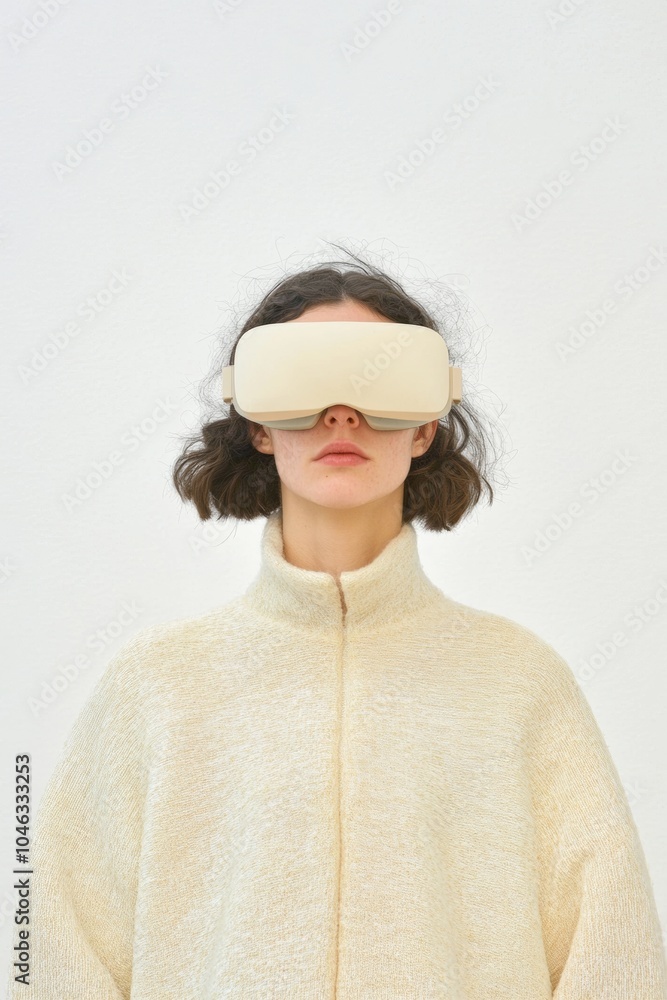 Aufkleber futuristic winter isolation female scientist with virtual reality goggles in minimalist setting