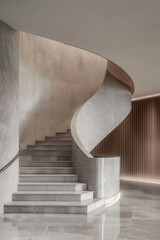 Naklejka premium A luxurious spiral staircase gracefully spirals upwards, surrounded by polished and smooth interior, evoking a sense of elegance and sophistication in modern design. Serene twist.