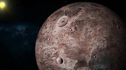 3d realistic Ceres fictional planet glowing sun view on space galaxy