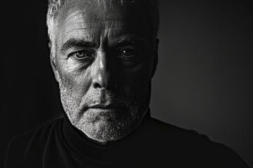 A haunting monochrome portrait captures a mature man with an intense expression, etched with emotion, highlighting the depth and complexity of human experience.