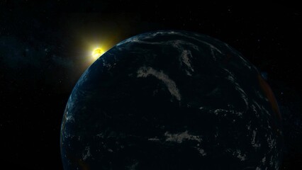 3d realistic Earth planet glowing sun view on space