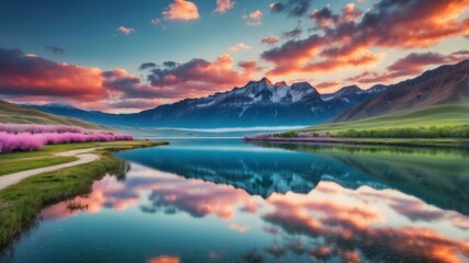Fototapeta premium Mountain landscape with reflection of clouds in the lake - natural harmony