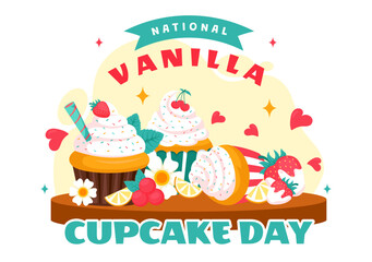 National Vanilla Cupcake Day Vector Illustration on November 10 featuring Cupcakes Topped with Sprinkle, Strawberry and Vanilla Cream in a Background
