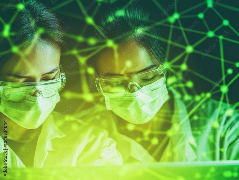Leinwandbilder young asian scientists analyzing data in high-tech laboratory with futuristic holographic display