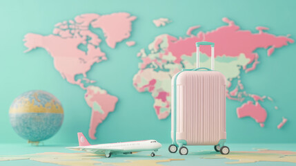 the 3d rendering graphic , pastel  models of bags and plane on map  traveling between continents 