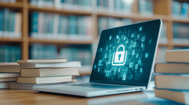 A laptop with a digital lock icon on the screen sits among stacks of books in a library setting, symbolizing cybersecurity and knowledge.