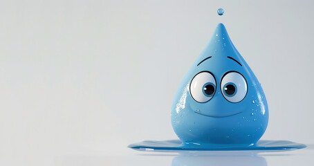 3d cartoon little cute drop of water kid character white background copy space