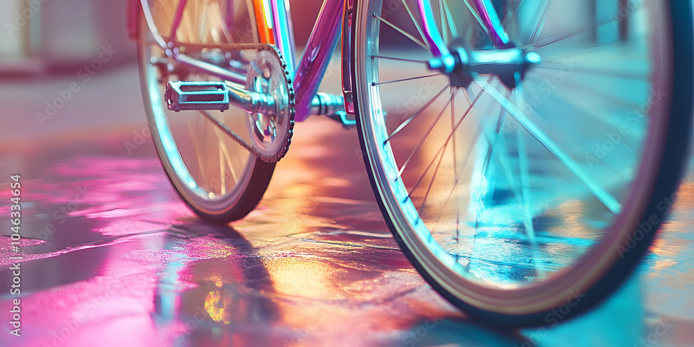 Poster a close-up of a bicycle wheel with a shiny chrome finish, reflected in a pool of neon light.