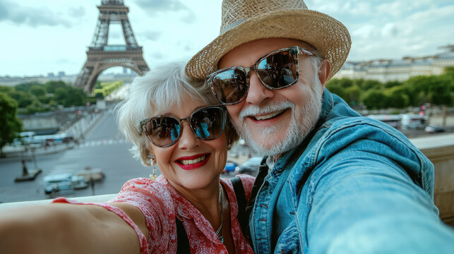 2 happy rich healthy senior older retired grand mom and grandpa  couple ARE traveling to Paris and taking selfies   on their holidays vacation trip 