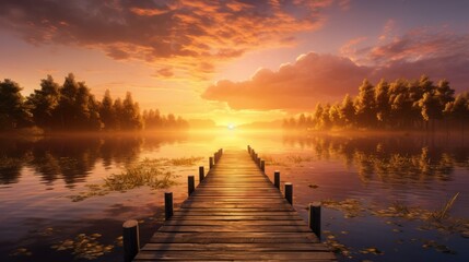 Fototapeta premium A panoramic view of a picturesque sunrise over a calm lake
