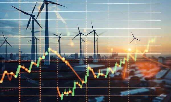 A stock market graph going up with wind turbines in the background, symbolizing green energy and sustainable business practices on a softly blurred neutral blue or grey - Powered by Adobe