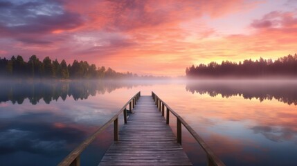 Fototapeta premium A stunning panorama of a serene sunrise over a tranquil lake,