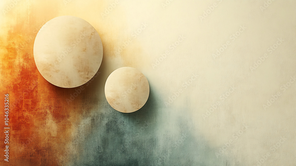 Poster two beige circles of different sizes float against a warm gradient background, blending orange and t