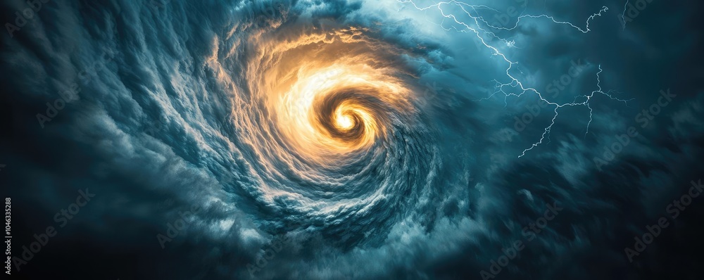 Poster a powerful swirling storm creating a vortex of clouds and lightning in the sky.