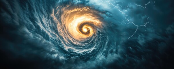 A powerful swirling storm creating a vortex of clouds and lightning in the sky.