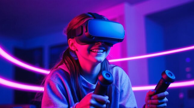 A happy young girl wears VR goggles, immersed in a virtual reality technology world