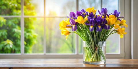Vase with bouquet of yellow and purple irises on table near the window, flowers, irises, yellow, purple, vase © Watcharapon