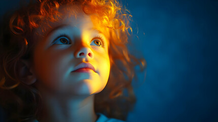 A Young Child with Curly Red Hair Gazes Upward in Wonder, Bathed in Warm Golden Light Against a Cool Blue Background,  A Portrait of Innocence and Curiosity.