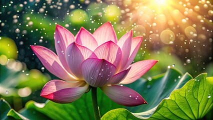 Freshly bloomed lotus petals shimmering with rain droplets on a sunny day , lotus, flower, summer, rain, water droplets