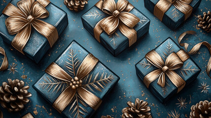 Fototapeta premium flat lay illustration of blue gift boxes with golden bows and ribbons, placed on a blue background, designed in a retro illustration style. 