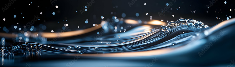 Poster close-up 3d rendering of water waves with bubbles and bokeh lights in dark background