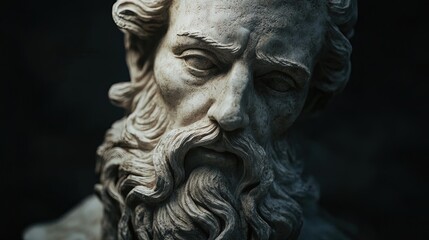 Obraz premium Timeless Elegance: Ancient Sage Bust Sculpture - A Stunning Poster for Sophisticated Interiors, Highlighting Meticulous Carvings and Dramatic Lighting Against a Dark Backdrop