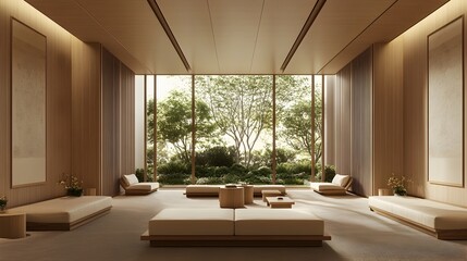Calming Minimalist Workspace for High Stakes Business Negotiations with Serene Garden Views