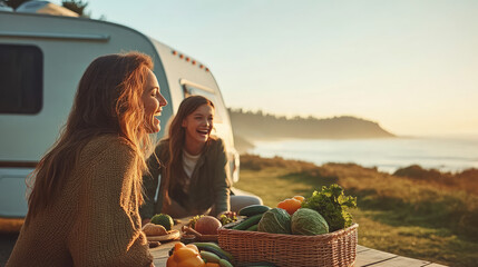 friends on the vintage campervan roadtrip driving to half moon bay beach in summer buy the vegetable from the farmer along the way to the beach