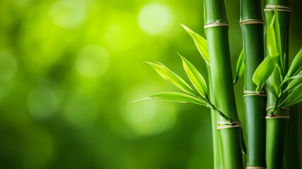 Close-up of vibrant green bamboo stalks with lush leaves against a soft, blurred green background, symbolizing tranquility and nature.