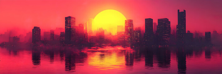 A Vibrant Cityscape Bathed in the Glow of a Setting Sun, Reflected in the Still Waters Below